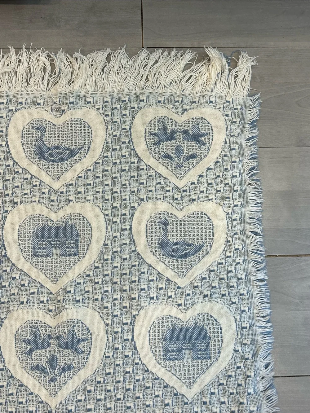 Vtg Woven Tapestry Throw Blanket Hearts Ducks Cottagecore Farmhouse Fringe 44x50